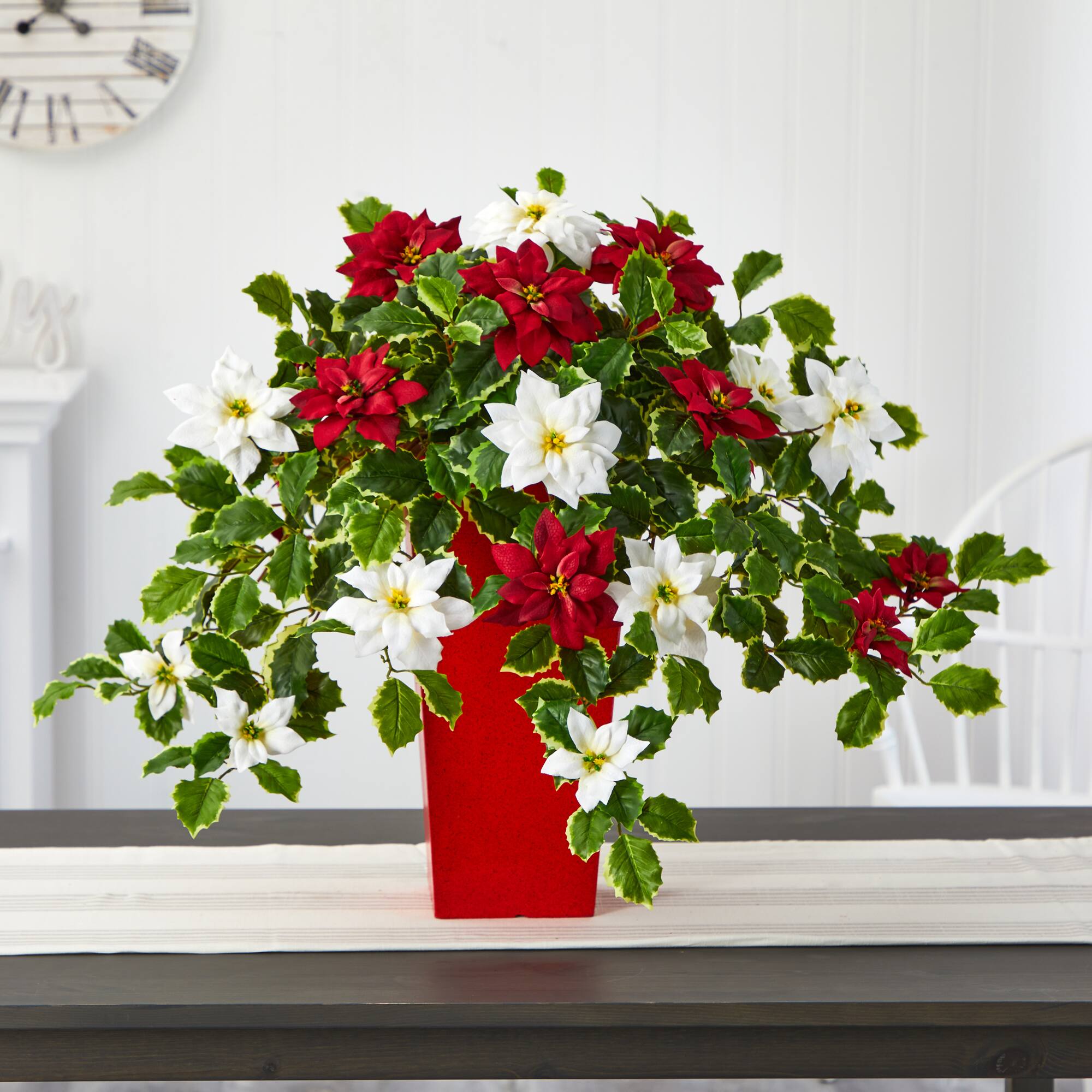 23” Poinsettia & Variegated Holly Artificial Plant in Red Decorative Planter